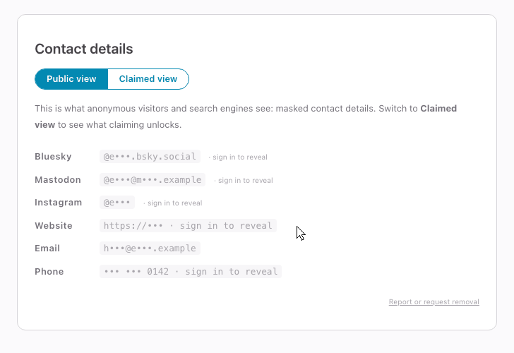 Animated demo: the Public / Claimed toggle switching between masked and full contact details